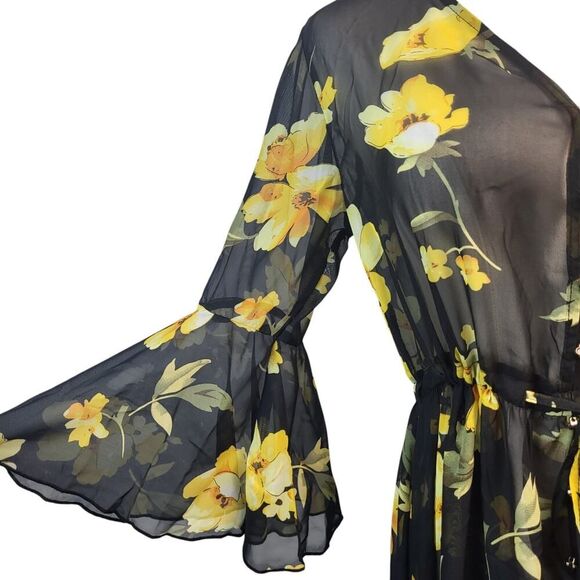 NEW POL Small Sheer Midi Maxi Dress Lingerie Cover-Up Black Yellow Floral Print - Picture 10 of 16
